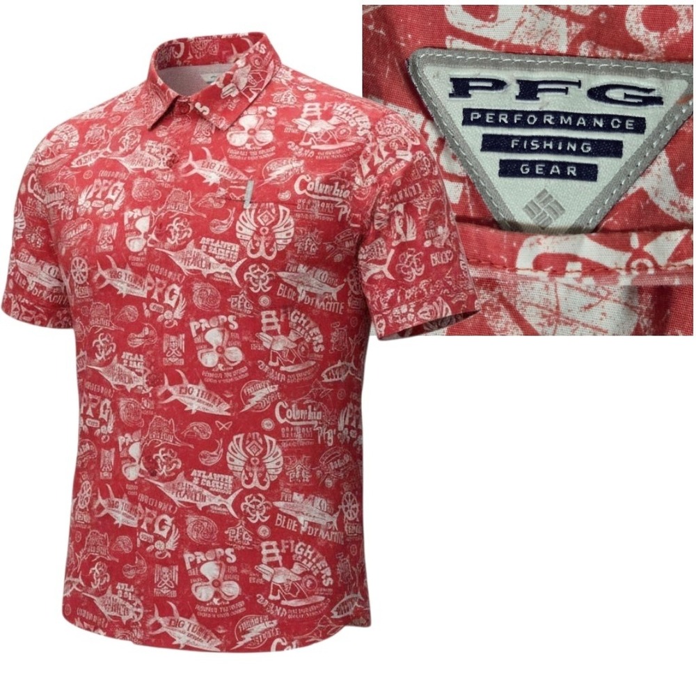 Columbia Fishing Shirt Mens XL Red PFG Bluefin Tuna‎ Graphic Print Short Sleeve